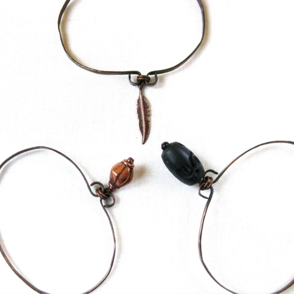 Copper Dangle Charm Bangle Bracelet Set Antique Copper Feather Black Carved Wood - Picture 5 of 5